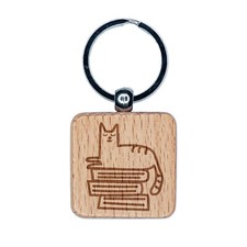 Cat and Books Reading Doodle Engraved Wood Square Keychain Tag Charm