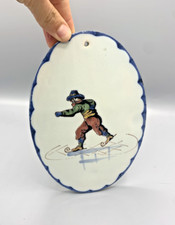 Carrelage faience ovale peint à la main WORKUM Pays-Bas scène patin à glace 