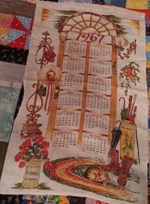 Vintage 1967 Calendar Tea Towel Linen 16''×26'' Cozy Home Wall Decor Kitten Cat
