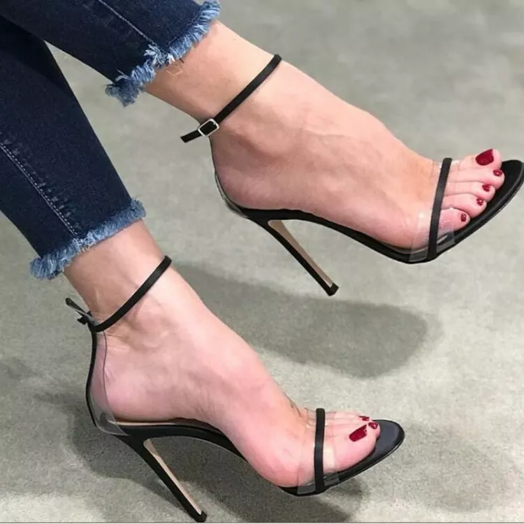 Women's Open Toe Ankle Strap High Heels, Black Buckle Strap