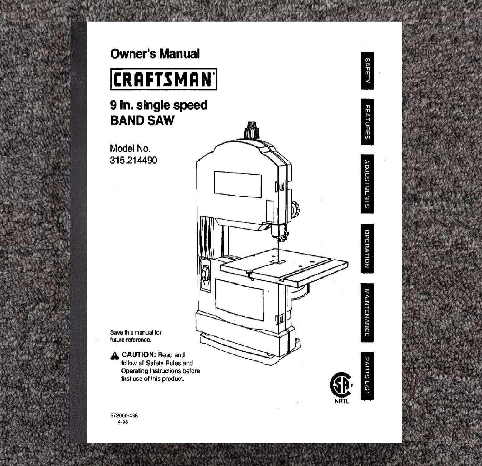Owner Operator & Parts Manual Fits Craftsman 9 Inch 315.214490