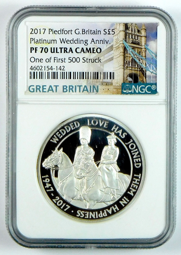 2017 GB £5 Platinum Wedding Anniv Silver Piedfort - NGC PF 70 UC -1st of 500 STK