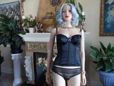 New Victoria's Secret Black Satin & Lace Corset & Panty Set Size 34D -SP