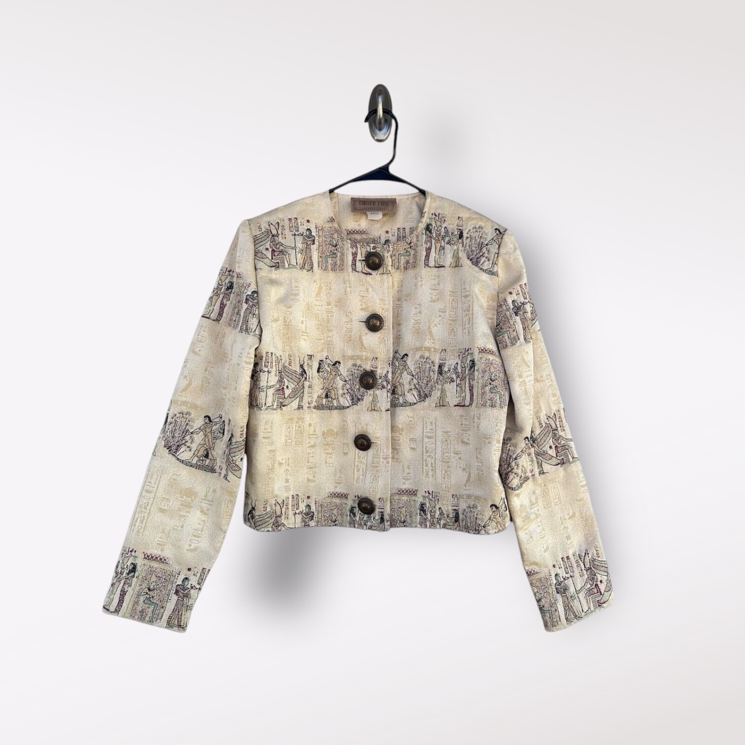 Giacca donna vintage dipinta pony bottoni davanti taglia M stampa egiziana faraoni