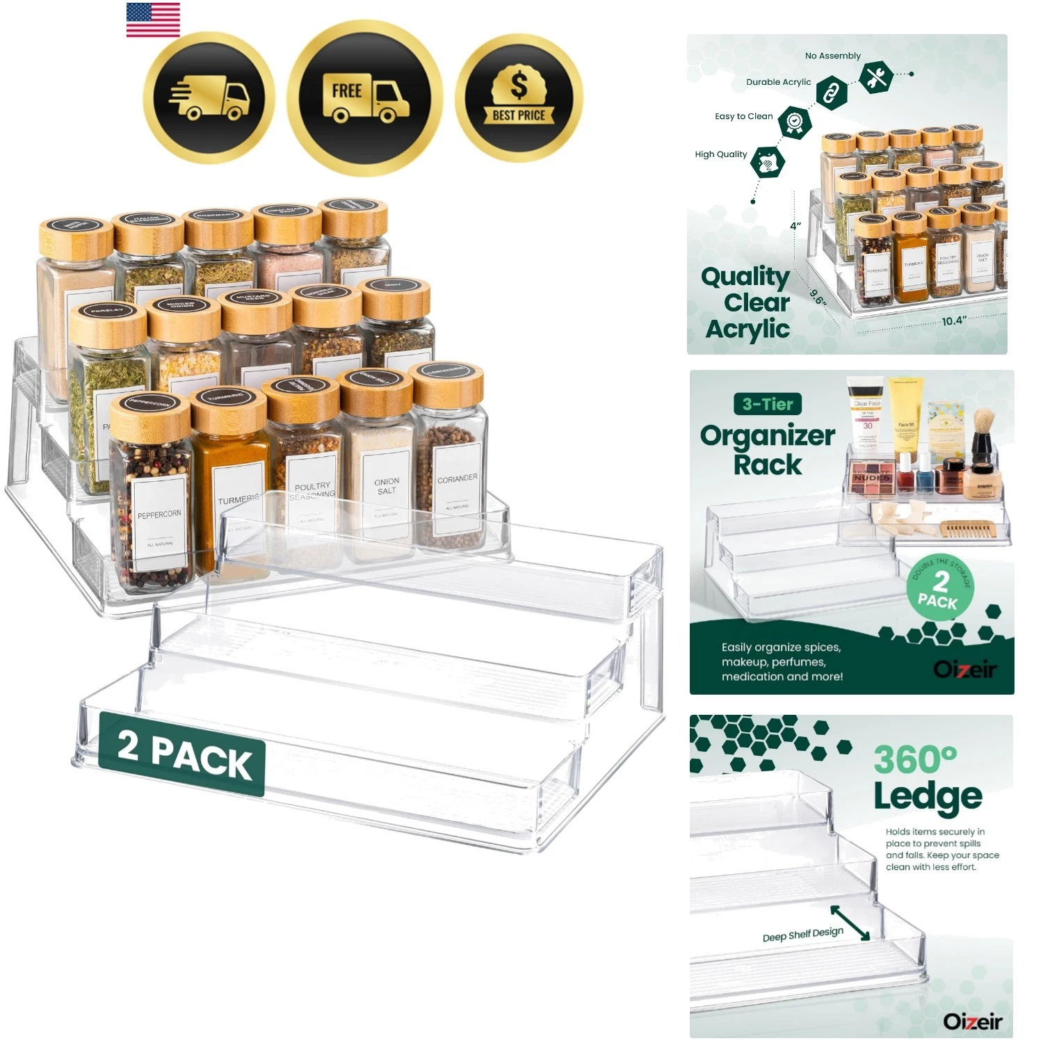 Clear Spice Rack 2-Pack – 3-Tier Acrylic Organizer for Cabinet – Deep Spice S...