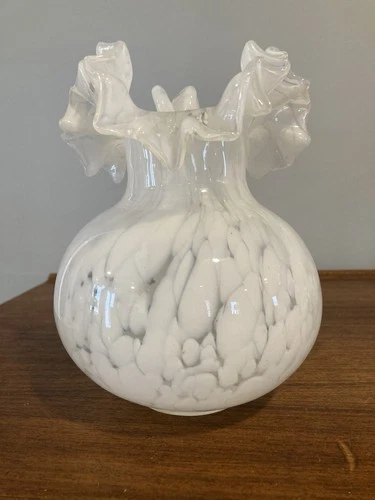 Vintage MCM White Clear Splatter Blown Glass Murano Vase Ruffle Rim