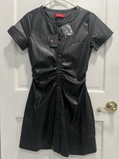 PHILANTHROPY NWT Faux Leather Ruched Button Down Black Dress SZ SMALL $212 MSRP