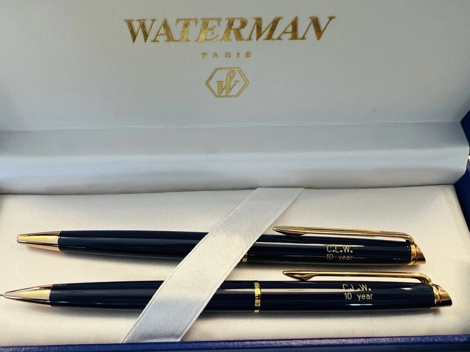 ¡Juego de bolígrafos y lápices Waterman Expert azul y dorado en caja original! Grabado Foto 2 de 3