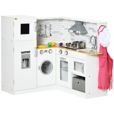 Wooden Corner Play Kitchen Set W/ Ice Maker Storage Cabinet Washing Machine
