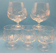 Set of 5 Cut Glass Floral Etched Clear Brandy Glasses 4.5"
