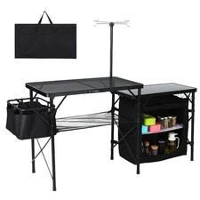 Portable Folding Camping Kitchen Table with Storage, Light Pole & Hooks (Black)