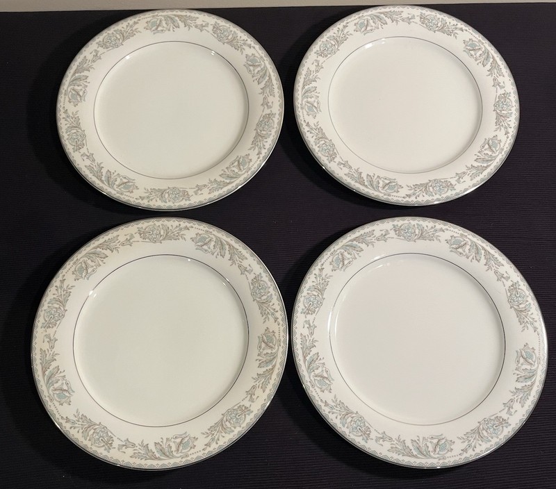 Noritake Belmont Dinner Plates 10 3/8" Set of 4 Blue Gray Scrolls Platinum Trim