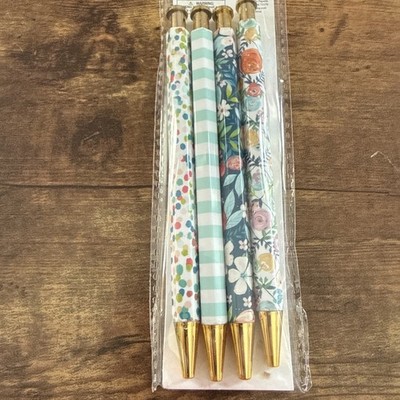 New NIP Fiddlestix Pretty 4 Pack Black Fashion Pens In Floral Stripe Designs