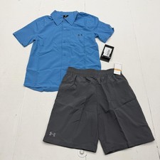 Under Armour Shirt Shorts Set Boys 7 Blue Gray Collared Button 2 Piece Outfit