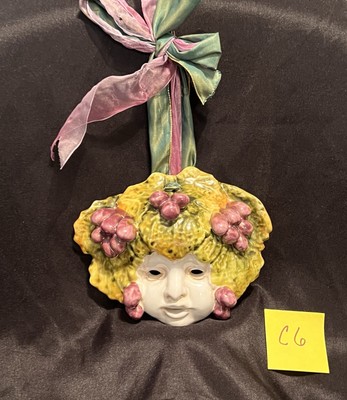 Handmade Bacchus Katia Italian Majolica Ceramic Wall Mask Face Grapes Italy  C6