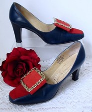 Vintage 60s Mod Pumps 6.5M Gold Chain Buckle Red Suede Navy Leather Tura Gino