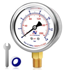 2-1/2" Liquid Filled Pressure Gauge, 0-200 PSI/0-14 Bar, 304 Stainless Steel ...