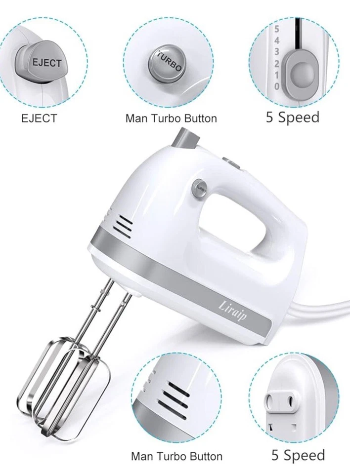 Liraip Electric Hand Mixer 5 Speed Turbo 400W Stainless Steel - Image 4 of 4