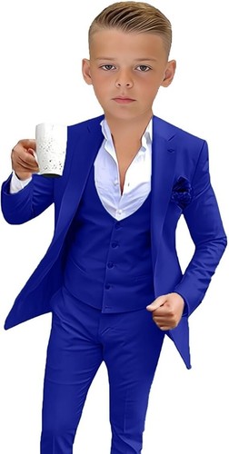 Boys Suit 3 Piece Formal Kids Tuxedo Wedding Ring Bearer Outfit Blazer Pant Vest - Picture 27 of 28