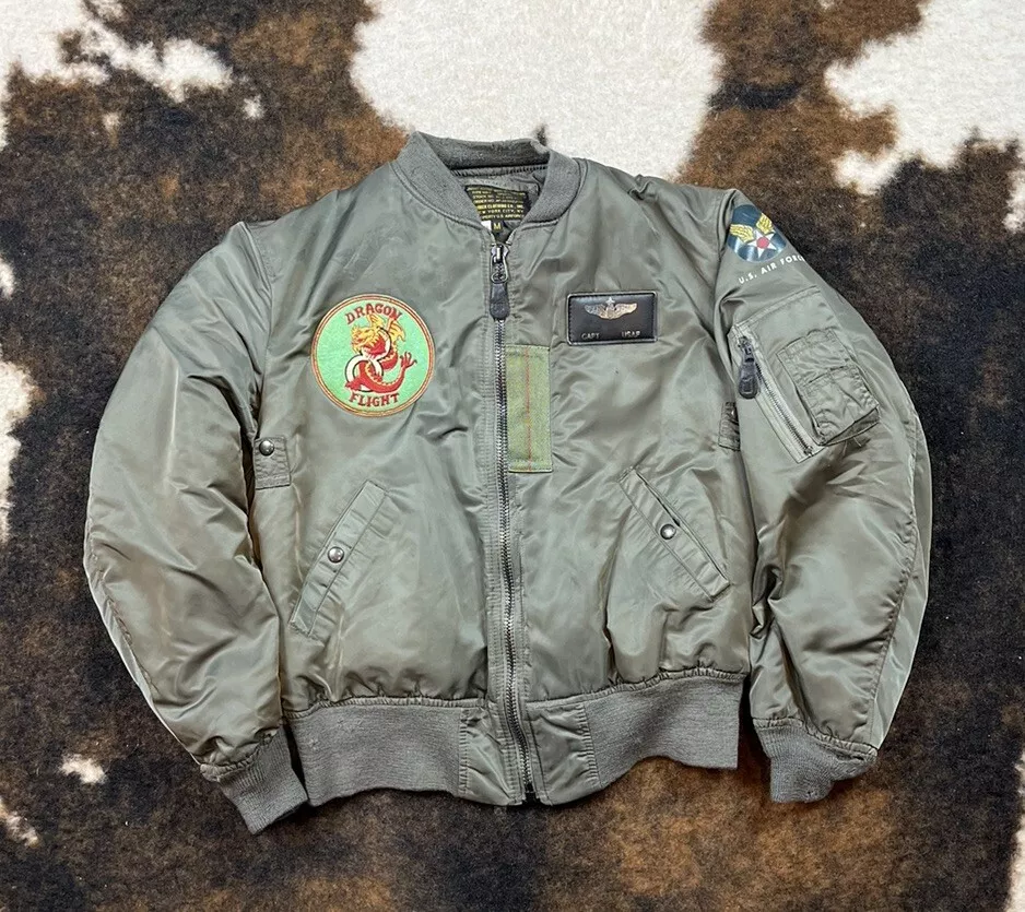 Vintage 80s Avirex Dragon Korean War MA-1 Olive Bomber Jacket Medium M @L