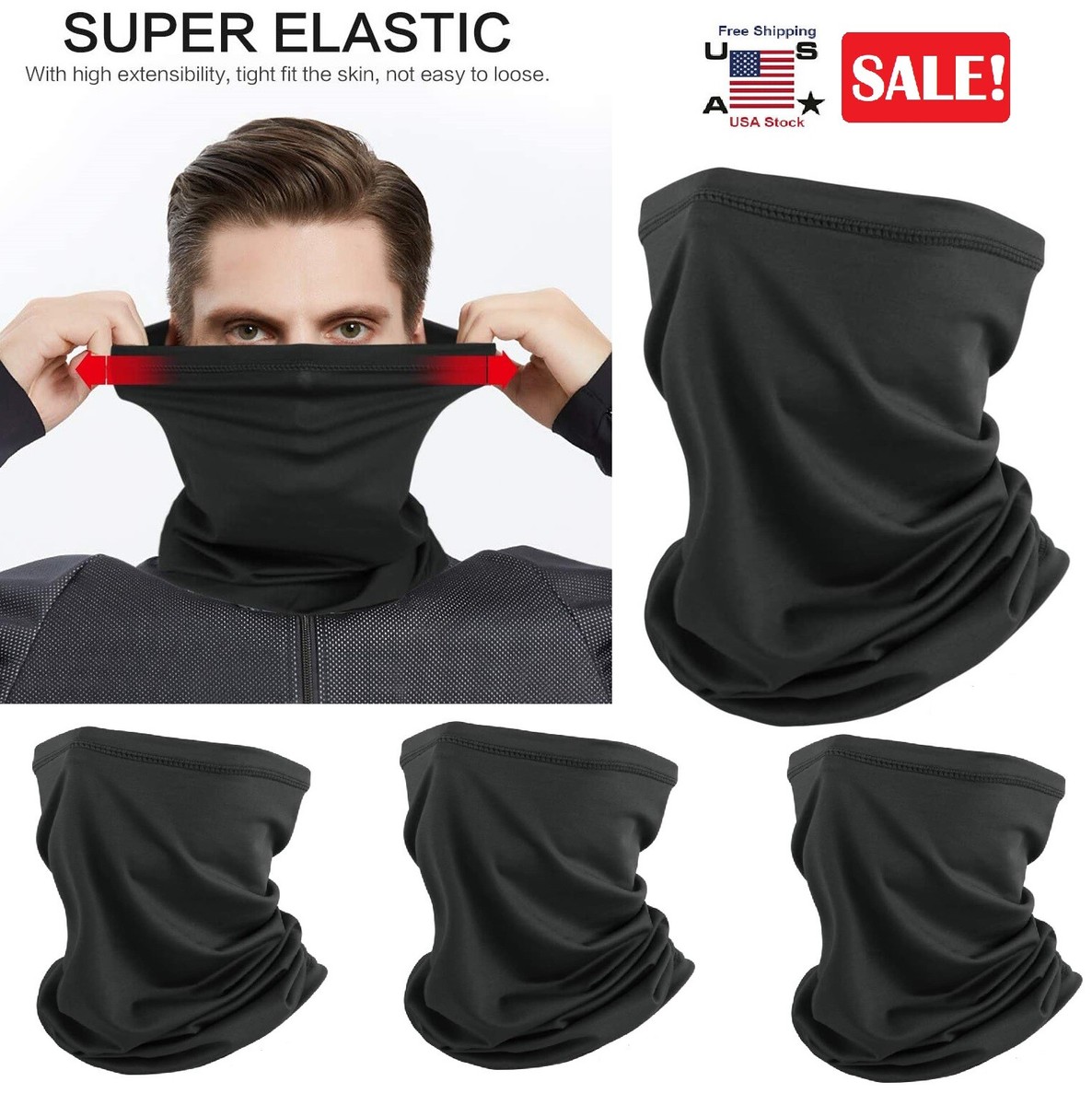 5 × Neck Gaiter Bandana Face Mask Cover Black Headband