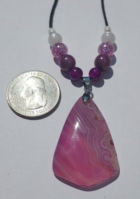 Fuchsia Pink Agate Shield pendant necklace Non-adjustable cord 26'' Handmade NEW