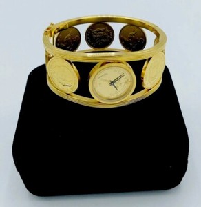 Authentic VINTAGE THE FRANKLIN MINT GOLD-PLATED “CARIBBEAN COIN WATCH' BANGLE
