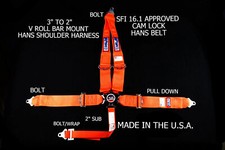 RJS RACING SFI 16.1 5 POINT HANS CAM LOCK V ROLL BAR MOUNT BELT ORANGE