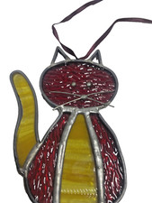 Vintage Leaded Amber Red Stained Glass Cat Suncatcher 5" x 3.5"