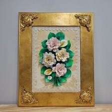 Capodimonte Italy Porcelain 3D Floral Bouquet Plaque in Gold Frame - Roses