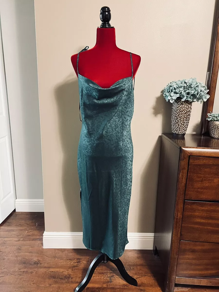 Green Cowl Neck Satin Slip Cami Midi Dress