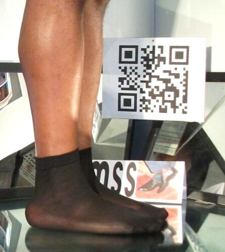Mens Black Ultra Sheer Nylon Diamond Line Socks, Sheer Toe / Heel - Anklet 10-13 - Picture 2 of 6