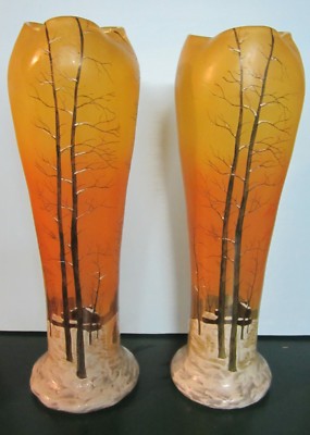 Vintage Legras  winter scene  art vase -  unsigned  -pair