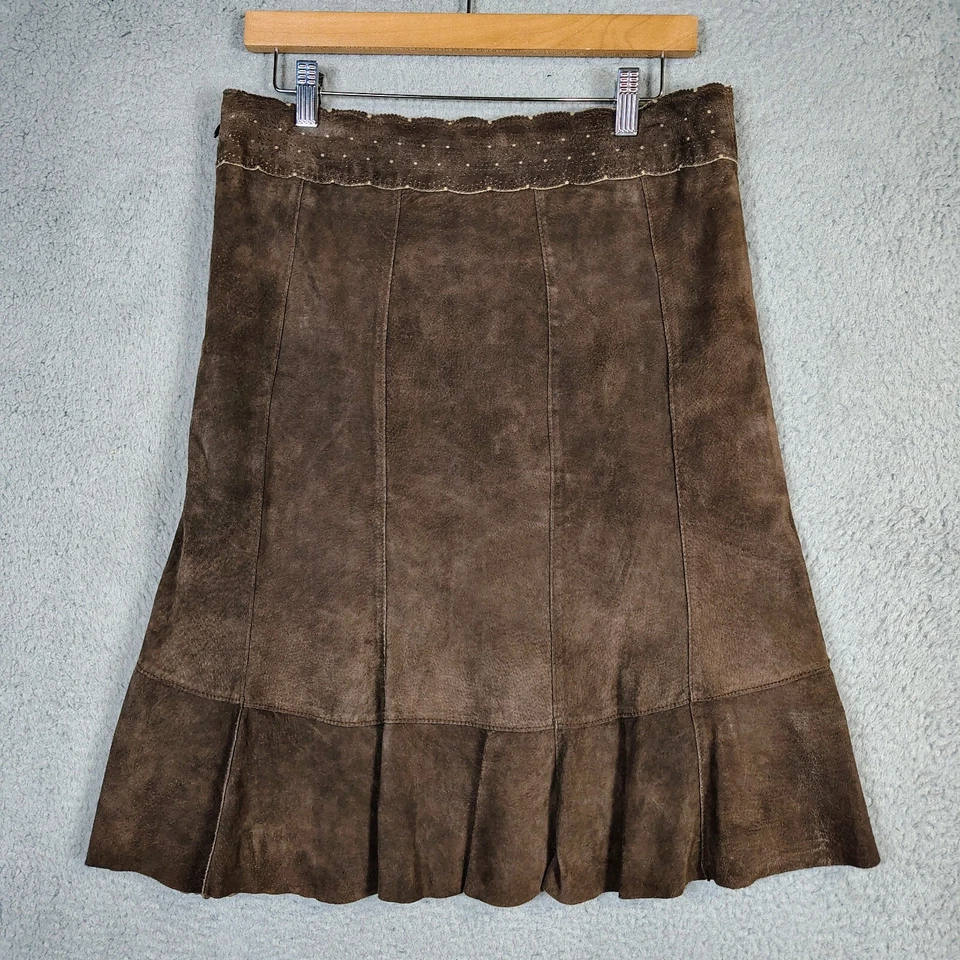 Falda Cabi Mujer 6 Marrón 100% Cuero Gamuza Cintura Vieira Línea A Acampanada De Colección Foto 2 de 4