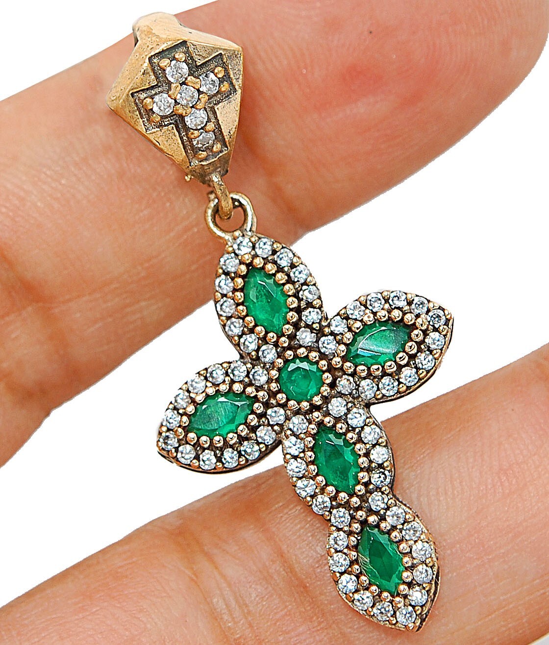 3CT Emerald Ottoman Empire Cross Pendant in 925 Sterling Silver TC5