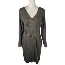 Cremieux Shirt Dress Womens Size 8 Green Belted Waist Utility Pockets Full Zip