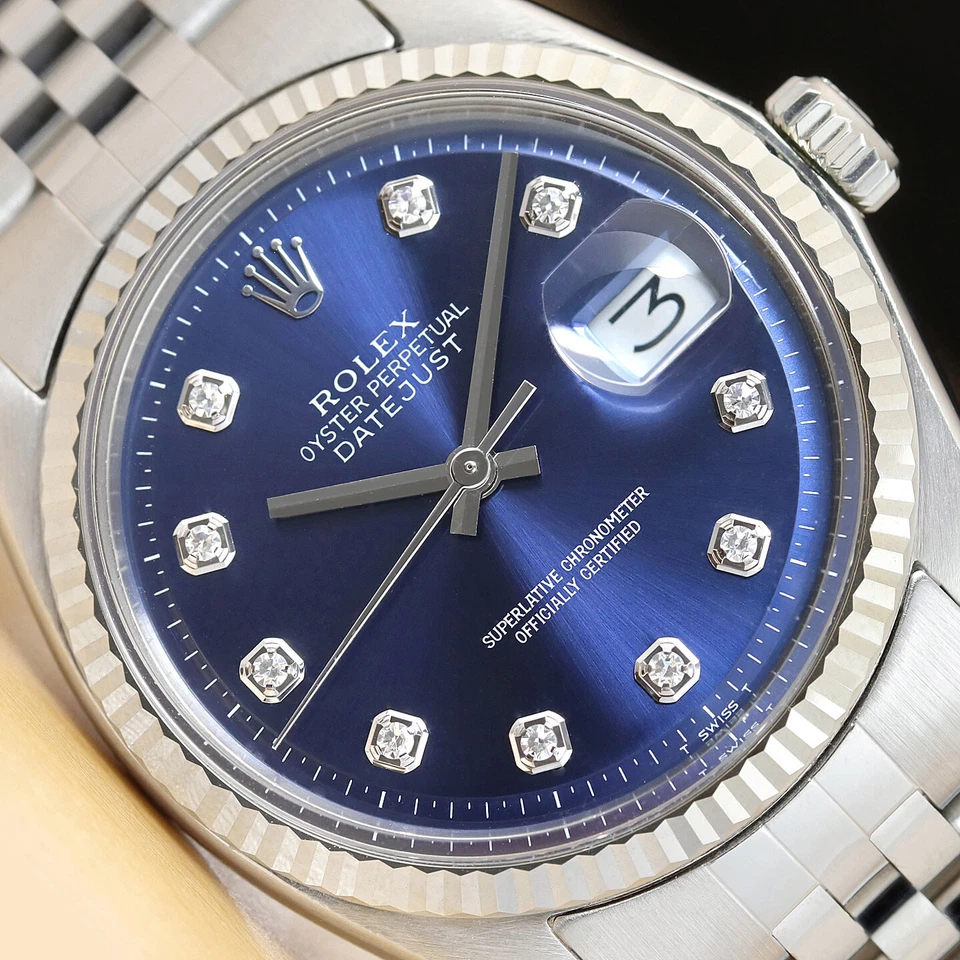 MENS ROLEX DATEJUST 18K WHITE GOLD & STAINLESS STEEL BLUE DIAMOND DIAL WATCH