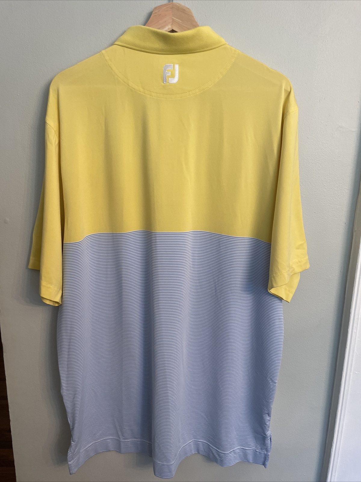 FootJoy Polo Shirt Mens SZ Large Yellow Blue Striped Collared Casual