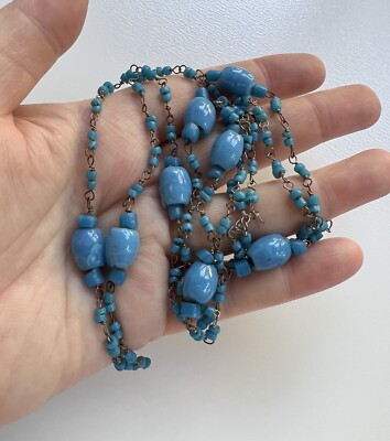 Antique Venetian Murano Art Deco Blue Glass Long End of Day Necklace 37.5''