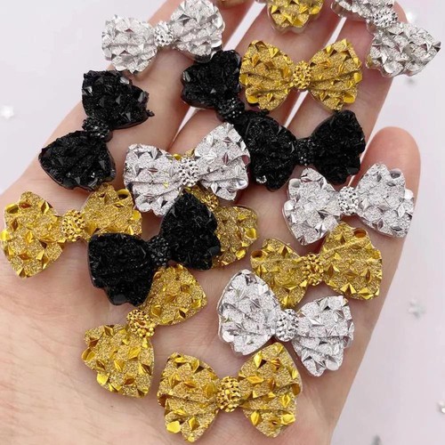 60pcs Silver Bow Rhinestone Applique Flatback Resin Bows Buttons Scrapbook Craft