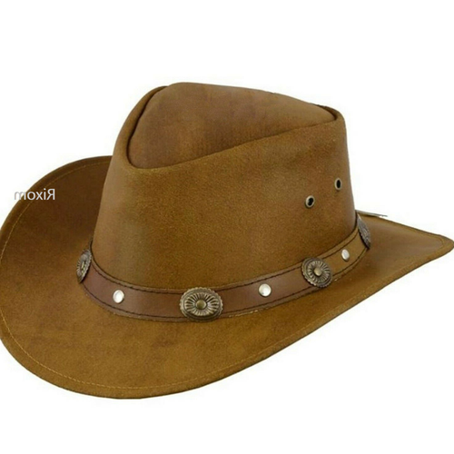 Cowboy Hat Western Aussie Style Leather Outback Real Leather Hat Chinstrap Party - 第 9/29 張圖片