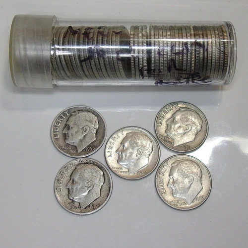 Roosevelt Dimes Full Roll of 50 90% Silver U.S. Dimes in VG+ Shape Not Melt Junk