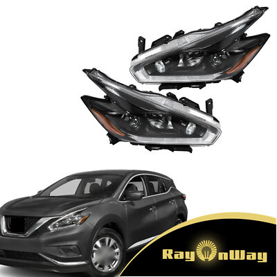 For 2015 2016-2018 Nissan Murano Left+Right Halogen Headlights w/LED DRL Black