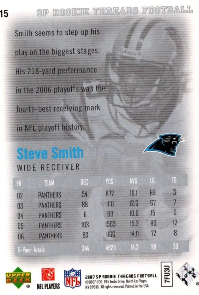 2007 SP Rookie Threads Steve Smith Carolina Panthers #15 - Image 2 of 2