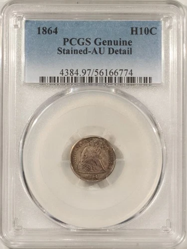 1864 SEATED LIBERTY HALF DIME PCGS GENUINE AU DET, STAINED, RARE CIVIL WAR DATE
