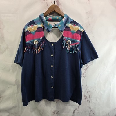 Vintage Shirt Womens 2X 90s Southwestern Cowgirl Patchwork Concho Beaded Aztec