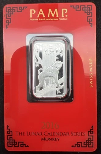 2016 Pamp Suisse 10g .999 Fine Silver Bar Year of The Monkey In Assay Card