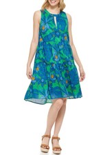Tommy Hilfiger Gustavia Green Blue Floral Tiered Sleeveless A-Line Dress  16