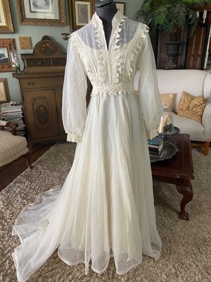 Alessandro 70's vtg Chiffon Wedding Gown Embroidered Lace Sheer Sleeve Size S