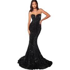 Sparkling Black Sequin Mermaid Prom Dress Gown Strapless High Slit Lace Up Back